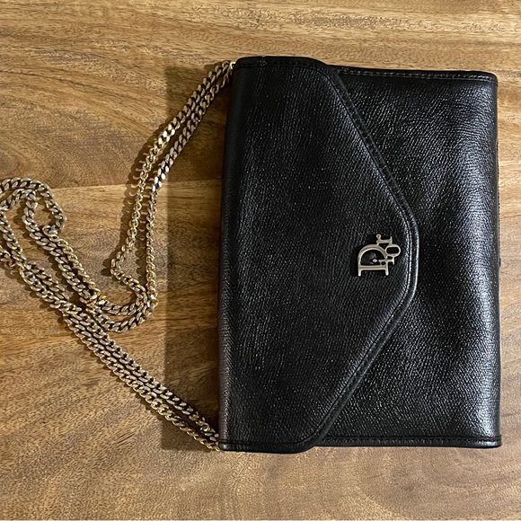AUTH VINTAGE RARE DIOR BLACK LEATHER MINI FLAP BAG & GOLD ORIGINAL CHAIN - Picture 4 of 17
